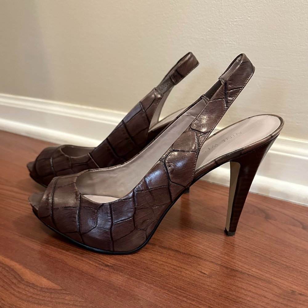 Nine West Brown Leather Croc Peep Toe Slingback High Heel Sz. 8.5
